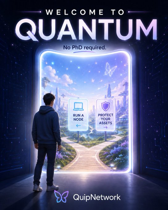 A promotional graphic for 'QuipNetwork' welcoming users to 'Quantum' with the tagline 'No PhD required' and options to 'Run a Node' or 'Protect Your Assets'.