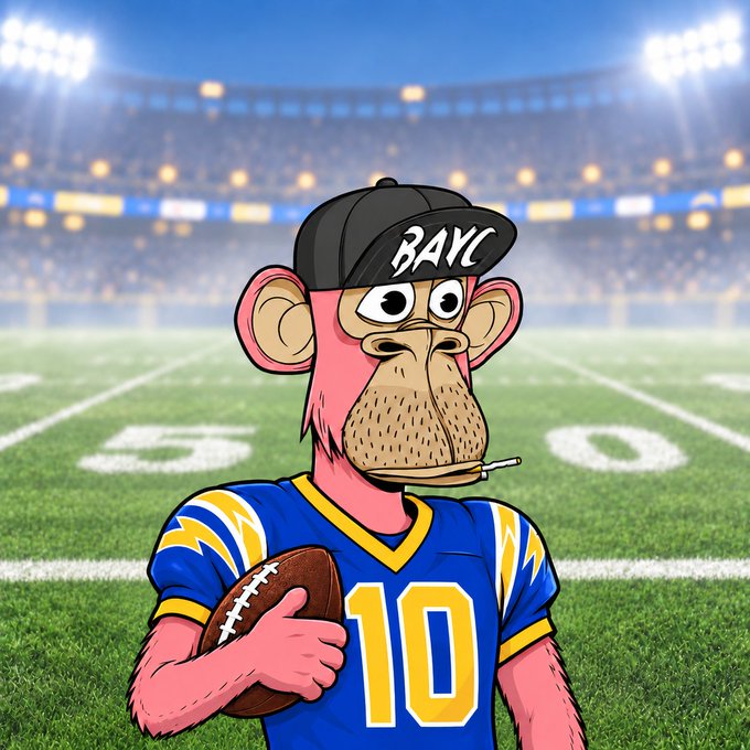 A cartoon-style Bored Ape Yacht Club (BAYC) NFT character wearing a "BAYC" cap and a blue and yellow #10 football jersey, holding a football on an NFL stadium field. The image visually represents the post's claim of "this is my BAYC," blending the iconic NFT ape with a sports theme.