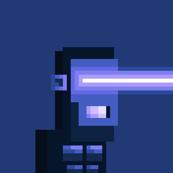 A pixel art character with a glowing purple eye or visor shooting a blue energy beam against a dark blue background.