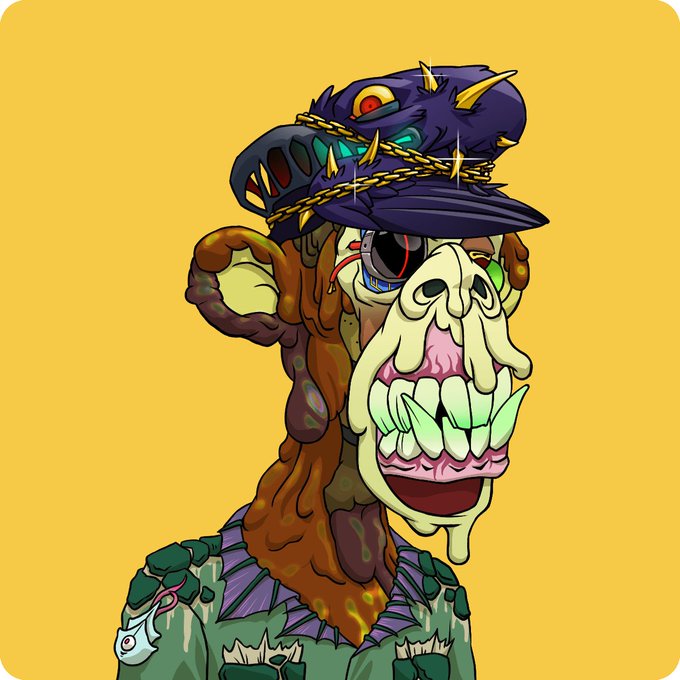 A grotesque cartoon character illustration on a yellow background depicts a figure with a melting skull face, oversized green teeth, wearing a purple military-style hat adorned with spikes and chains.