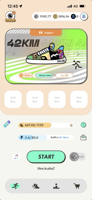 A mobile fitness/running app interface called 'Jogger' showing a 42KM milestone card with stats (13264 steps, 100.0/100.0, Lv 30) and a green START button for a move-to-earn activity.