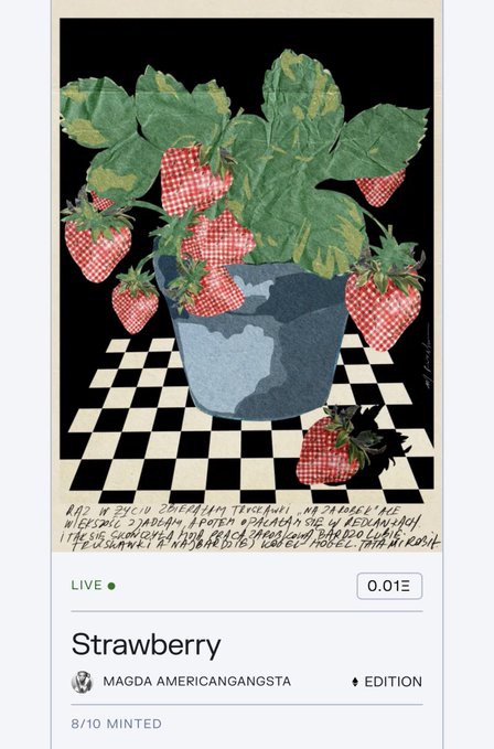 NFT artwork titled 'Strawberry' by Magda Americangangsta (edition 8/10 minted), showing a collage-style illustration of a strawberry plant in a pot on a checkered floor, priced at 0.01 ETH.