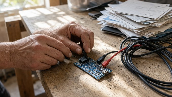 Hands working on a blue electronic circuit board with wires connected via alligator clips on a wooden workbench.