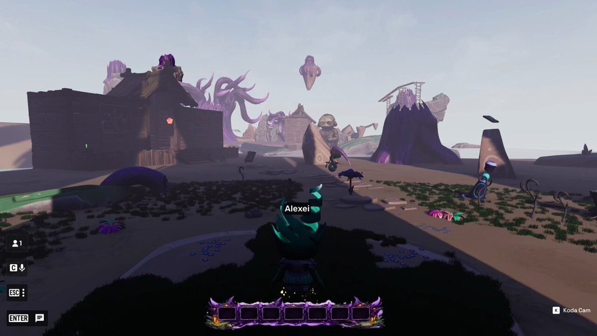 The image shows an exciting video game scene with a large purple dragon flying over a desert landscape, surrounded by mountains and buildings. The sky above has a blue tint, creating a unique atmosphere for the game. A player's character stands on top of a cliff in the center of the frame, facing towards the dragon. The post about this game features an image of the game's interface with a purple background and white text that reads "Just tested a ODK experience of @Mikey_Thereum. This looks amazing. I think Otherside is going to empower builders to create amazing experiences!".