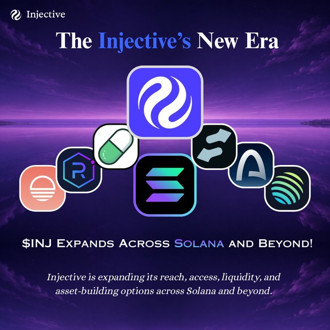 A promotional graphic for Injective titled 'The Injective's New Era' announcing that '$INJ Expands Across' on the 'SOLANA' blockchain and beyond, featuring logos of various crypto projects against a purple sky background.