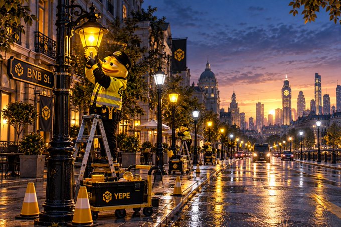 A digital artwork depicting an anthropomorphic character in a yellow safety vest maintaining a street lamp on a wet city street labeled 'BNB St.' at sunset, with a 'YEPE' toolbox nearby.