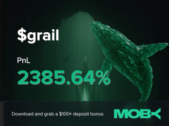 The image features an advertisement for a cryptocurrency called "grail". The advertisement includes a graphic of a whale, which is a symbol often associated with the cryptocurrency industry. The text on the advertisement states that the trader has closed a position at $grail with a PnL of +2385.64%. This indicates that the trader has made a profit from their investment in grail. The image also includes information about Moby Mobile, which is known for its mobile app development services and the use of cryptocurrency.