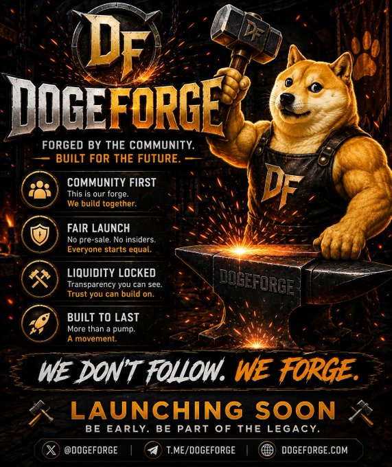 A promotional poster for 'DOGEFORGE' featuring a muscular Shiba Inu holding a hammer at an anvil, with slogans 'Forged by the Community, Built for the Future' and 'We Don't Follow, We Forge,' launching soon at dogeforge.com.