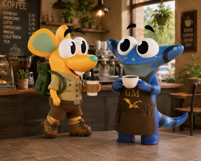 A 3D-rendered cartoon mouse and blue dinosaur-like creature holding coffee cups inside a coffee shop with a menu board listing espresso, americano, latte, cappuccino, mocha, cold brew, and tea.