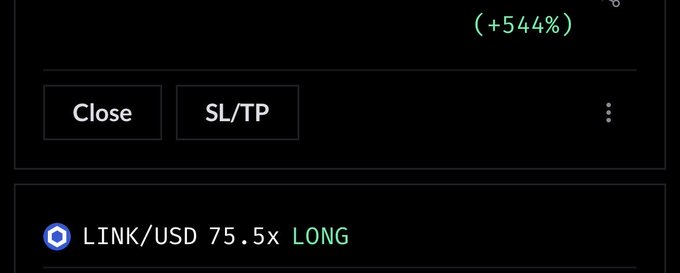 A trading interface screenshot shows a (+544%) profit in green, with "Close" and "SL/TP" buttons, and a position labeled "LINK/USD 75.5x LONG".