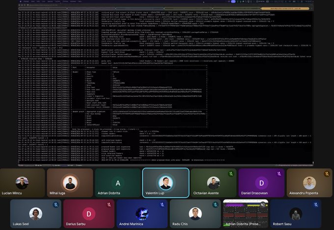 A Zoom video conference shows a screen with terminal/command-line text and a participant named 'Adrian Dobrita' presenting, while other attendees' video tiles appear below with names including Lucian Mincu, Mihai Iuga, Valentin Lup, Octavian Axente, Daniel Dracovan, Alexandru Popenta, Lukas See, Darius Sarbu, Andrei Manolica, Radu Chis, and Robert Sasu.