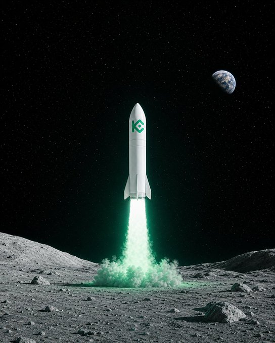 A white rocket emblazoned with a green "KC" logo blasts off from a rocky lunar surface, its engine leaving a glowing green trail of smoke as Earth hangs in the starry sky above. The green branding, exhaust, and mention of "green candles" in the post tie the imagery to financial markets, suggesting a bullish crypto or stock launch powered by trading gains.