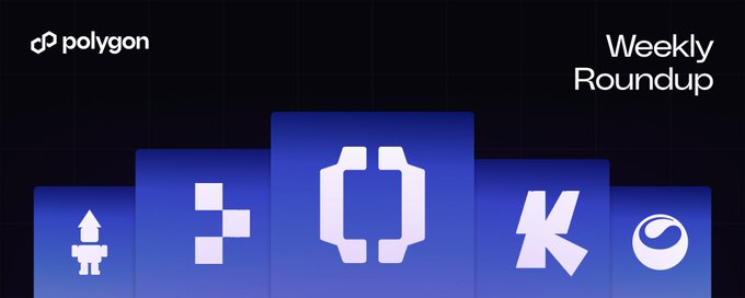 A Polygon 'Weekly Roundup' graphic featuring cryptocurrency logos (Algorand, Kyber, Polkadot, etc.) on a dark background.