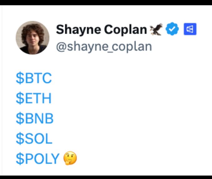 A tweet from Shayne Coplan (@shayne_coplan) listing crypto tickers $BTC, $ETH, $BNB, $SOL, and $POLY with a thinking emoji next to the last one.