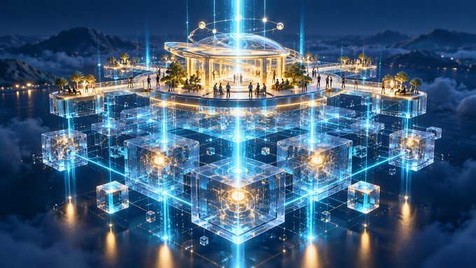 A futuristic glowing blue structure floats above reflective water, with illuminated circular platforms, transparent cube-like modules, and small human figures on the central pavilion.