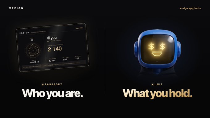 A sleek XREIGN promotional graphic contrasting a digital "Passport" ID card (showing 2,140 XREIGN points, 12,460 followers, 2019 health range, and yes/exists status) labeled "Who you are" with a blue robotic "UNIT" character featuring a pixelated smile, labeled "What you hold." The design visually reinforces the distinction between the soulbound identity (Passport) and the tradable asset (UNIT) in the XREIGN ecosystem.