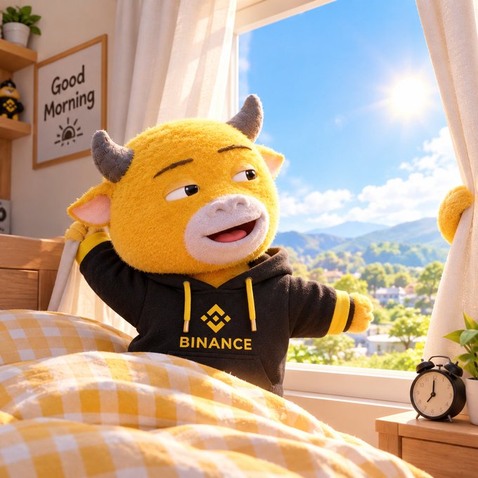 A yellow cartoon mascot wearing a black 'BINANCE' hoodie stands by a bed in a sunny bedroom, looking out a window.