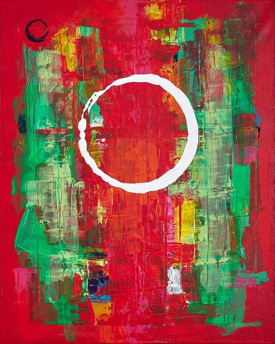 An abstract expressionist painting dominated by red and green brushstrokes with a prominent white circle in the center and a small black circle in the upper-left corner.