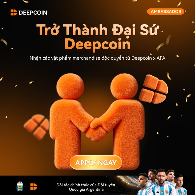 A Deepcoin Ambassador promotional graphic in Vietnamese reading 'Trở Thành Đại Sứ Deepcoin' featuring orange 3D figures shaking hands and an Argentina national team partnership banner at the bottom.