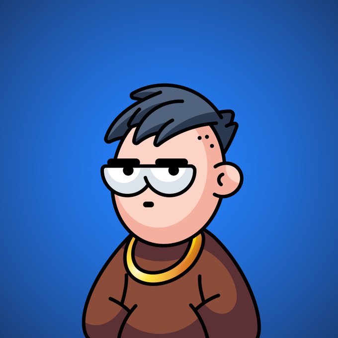 A cartoon avatar of a person with glasses, dark hair, and a gold chain against a blue gradient background.