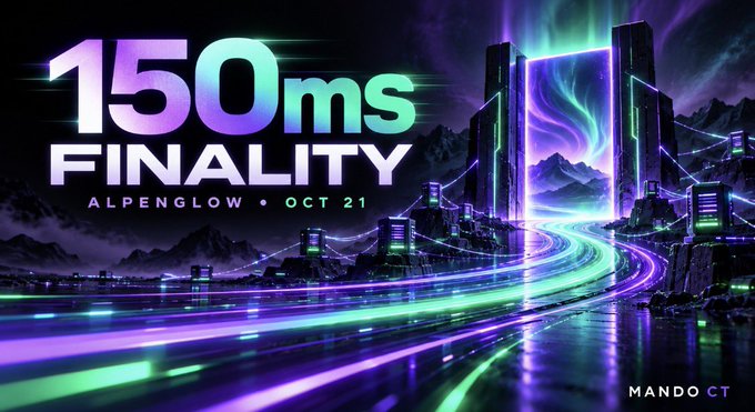 A futuristic neon cityscape with vibrant purple and teal light trails promoting "150ms FINALITY - ALPENGLOW • OCT 21," with a small "MANDO CT" watermark in the bottom right corner. The image visually represents Solana's Alpenglow upgrade, using high-speed light streaks and a sleek, advanced cityscape to symbolize the dramatic reduction in transaction finality from 12.8 seconds to just 150 milliseconds targeted for the October 21 mainnet milestone.