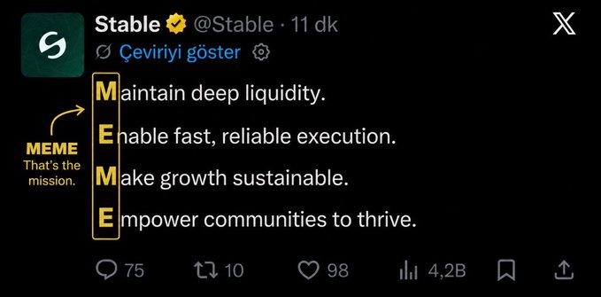 A screenshot of a tweet from the verified @Stable account displays a four-line mission statement, with the first letters highlighted in yellow spelling "MEME," accompanied by an annotation reading "MEME That's the mission." The tweet has garnered 75 comments, 10 reposts, 98 likes, and 4.2B views, reinforcing the accompanying post's emphasis on $MEME as the core message.