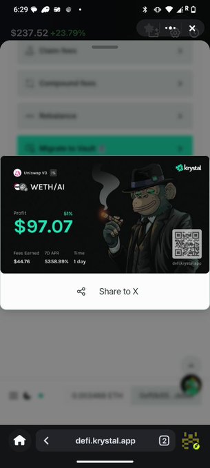 A screenshot from the Krystal DeFi app showing a profit of $97.07 (51%) on a WETH/AI liquidity pool with a 70.48% fee earned over 1 day, featuring an ApeCoin NFT profile picture. This visually supports the post's claim about using Krystal DeFi for liquidity providing, showcasing the day's trading profits that "covered expenses."