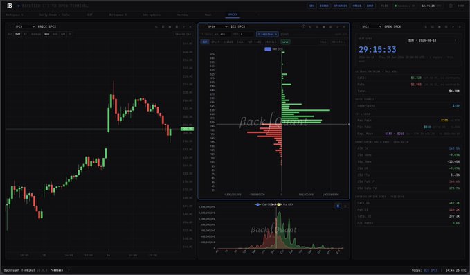 The image shows a computer screen displaying a stock trading dashboard with various charts and graphs representing different stocks. The focus of the image is on the backtesting results for options trading, which are displayed as a bar graph or line chart. The viewer can see that there are multiple options available to trade in this particular stock market.