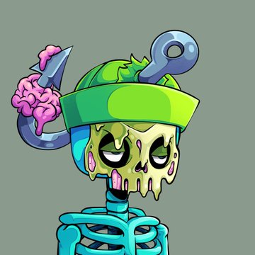 A cartoon illustration of a melting green and yellow skull-like character with an anchor sticking out of its head, holding a pink brain, and wearing a blue ribcage for a body.