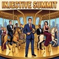 A small image with the text 'INJECTIVE SUMMIT' at the top, showing an illustration of a man in a blue suit standing in front of a carousel with animal figures.