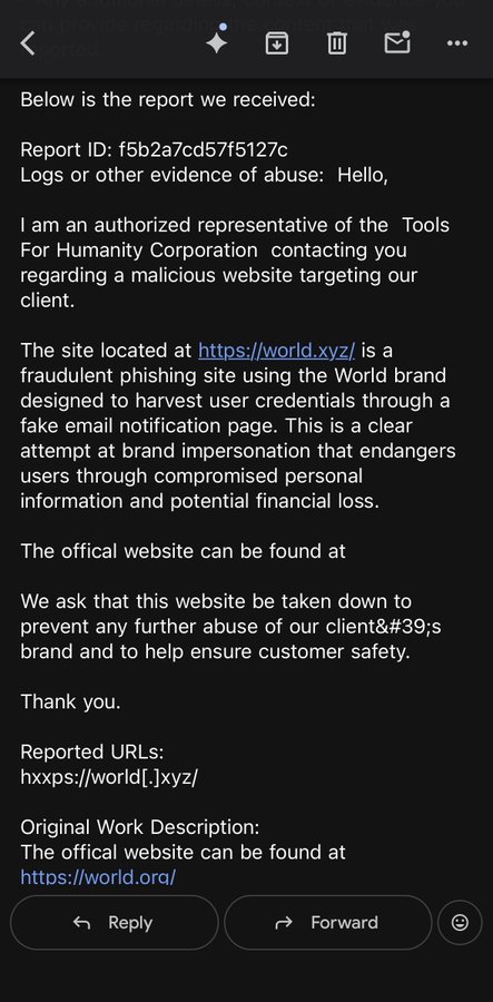 An email report from Tools For Humanity Corporation requesting the takedown of a fraudulent phishing site at https://world[.]xyz/ that impersonates the World brand.