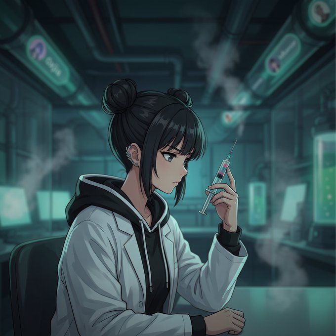 An anime-style illustration of a dark-haired woman in a white lab coat holding a syringe filled with red liquid in a futuristic, misty laboratory setting.