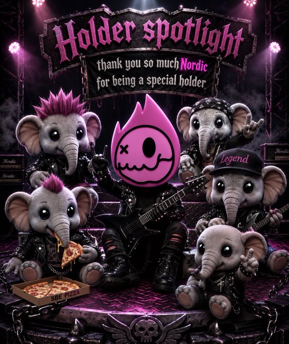 A rock-themed graphic with 'Holder spotlight' text thanking 'Nordic' for being a special holder, featuring a central skull-droplet logo surrounded by various grey elephant characters in punk/goth attire, with one holding a pizza and the text 'SBE PIZZA' visible on a box.