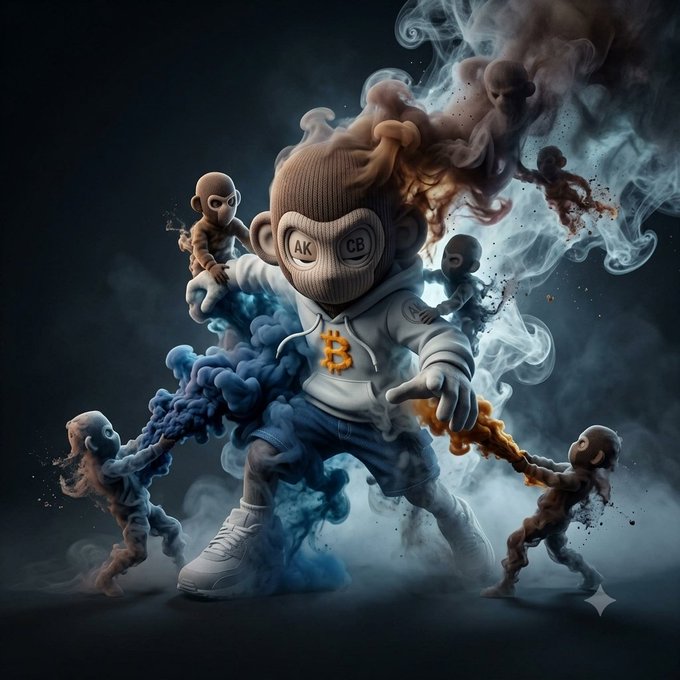 A 3D-rendered digital artwork of a monkey-like character in a hoodie with a Bitcoin logo, surrounded by smoke and smaller creatures.