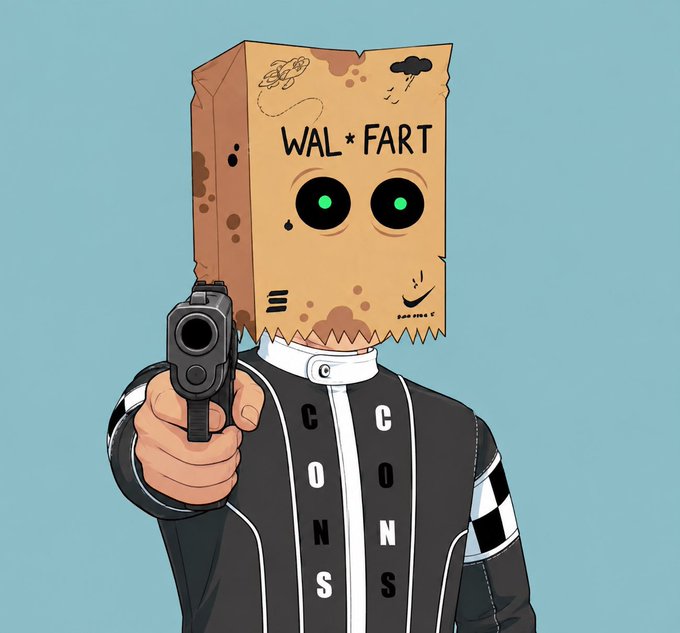 A digital illustration of a character with a brown paper bag over its head labeled 'WAL*FART' with glowing green eyes, wearing a black jacket with 'CONS' written down the front and pointing a handgun forward.