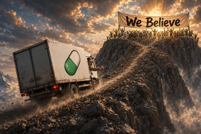 A rugged delivery truck emblazoned with a pill emblem defies gravity as it climbs a treacherous mountain ridge toward a cheering crowd holding a "We Believe" banner, capturing the bold optimism of the $TRUCKER meme contest and its rallying call for creative community members to climb aboard the movement.
