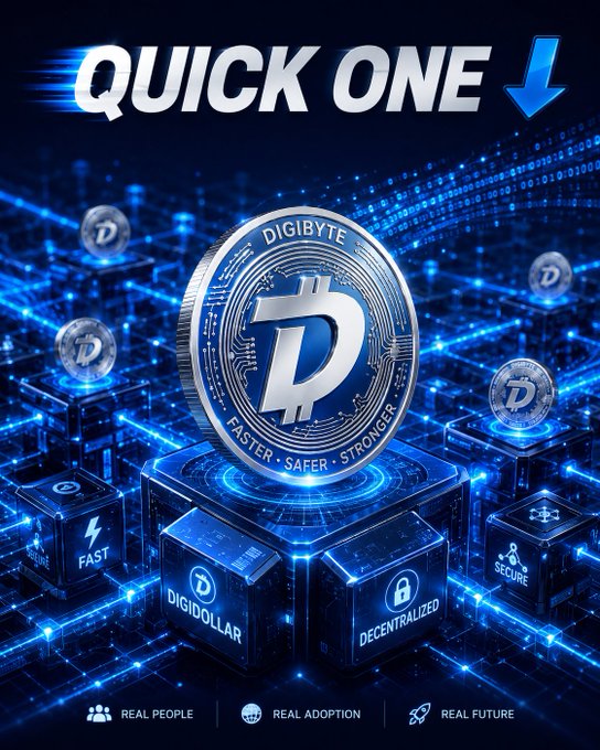 DigiByte cryptocurrency advertisement with 'QUICK ONE' text, highlighting features like 'Faster, Safer, Stronger,' 'DigiDollar,' 'Fast,' 'Decentralized,' and 'Secure' with 'Real People, Real Adoption, Real Future' tagline.