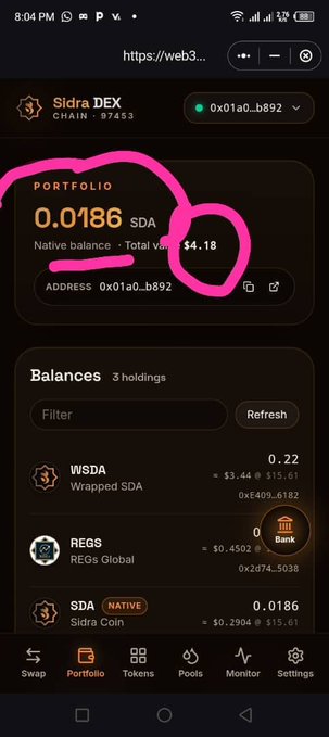 A mobile screenshot of the Sidra DEX portfolio interface for address 0x01a0…b892 displays a total balance of $4.18 and 0.0186 SDA, with holdings in WSDA (0.22), REGS, and native SDA tokens, illustrating how all token values are quoted against Sidra Coin ($SDA) and its dollar equivalent.