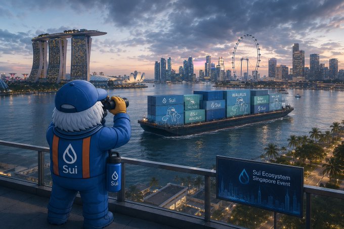 A digital illustration shows the Sui mascot in a blue outfit photographing the Singapore skyline at dusk, with a barge carrying Sui and Walrus containers and a screen reading 'Sui Ecosystem Singapore Event'.