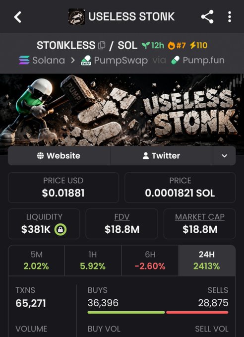 A mobile screenshot of the "USELESS STONK" cryptocurrency on Solana, priced at $0.01881 with 2,413% gains in 24 hours.