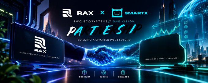 Promotional graphic announcing a partnership between RAX (Infrastructure/Tools/Community) and SMARTX (Prediction/Data/Insights), with the text "TWO ECOSYSTEMS // ONE VISION" and "BUILDING A SMARTER WEB FUTURE."