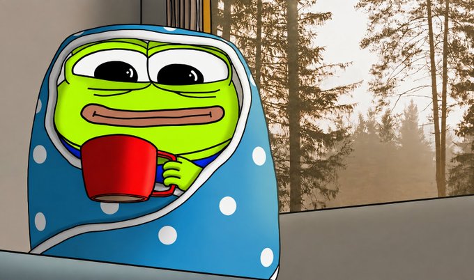 A cartoon Pepe the Frog, wrapped in a blue polka-dot blanket and holding a red mug, looks out a window at a misty forest at sunrise, perfectly capturing a cozy "good morning" vibe for $pepecoin holders.