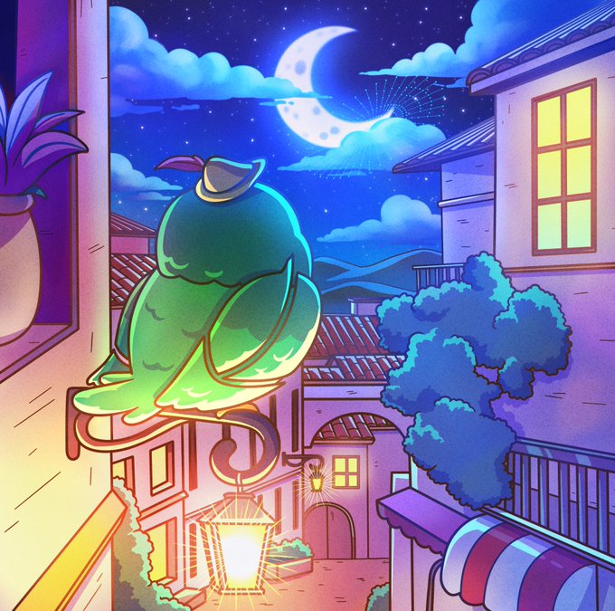 A digital illustration of a green parrot wearing a hat, perched on a windowsill overlooking a moonlit village with glowing street lamps.