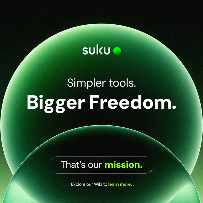 A promotional graphic for Suku cryptocurrency featuring a green sphere design with the tagline 'Simpler tools. Bigger Freedom. That's our mission.'