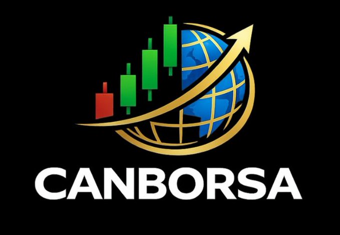 The image shows the "CANBORSA" logo featuring a blue globe wrapped with a gold upward arrow alongside green and red candlestick chart elements, set against a black background. The post praises Canborsa as a leading perpetual DEX (decentralized exchange) providing access to real-world assets (RWAs) like tokenized stocks and gold, with the logo's globe and rising arrow visually reinforcing the platform's global, upward-trading focus on these emerging financial instruments.