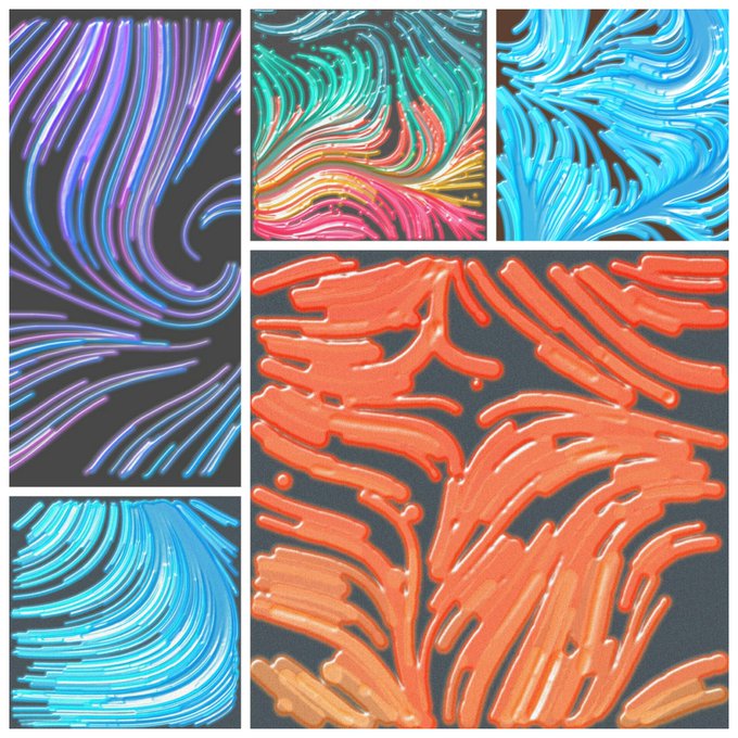 The image features a collection of six different abstract art pieces, each showcasing unique patterns and designs. The colors used are predominantly blue, orange, green, purple, pink, and black. These vibrant hues create an eye-catching display that captures attention and evokes a sense of creativity and inspiration. The post also mentions the artist's name "EtoVass" and shares their social media handle "@EtoVass".