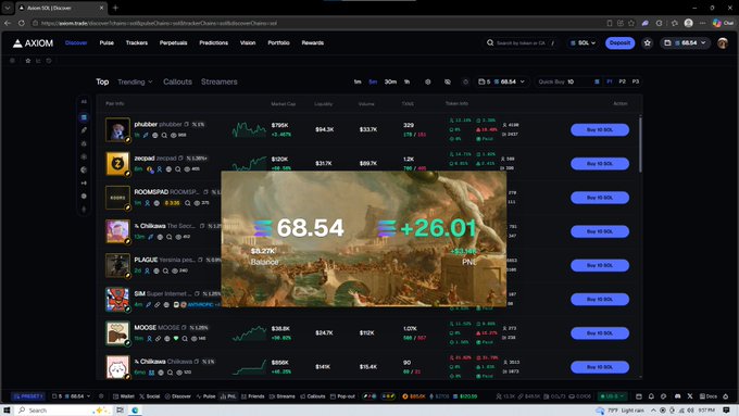 A cryptocurrency website (Axiom.trade) lists trending tokens including phubber, zoopad, and ROOMPAD, with an overlay of a token priced at 68.54 (+26.01%).
