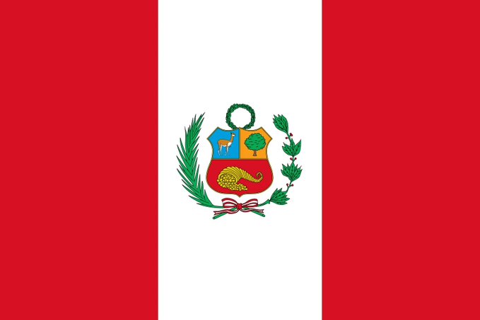 The image shows the flag of Peru, featuring vertical red-white-red stripes with the national coat of arms at the center, depicting a shield with a vicuña, cinchona tree, and cornucopia, surrounded by a laurel and palm branch wreath. This flag relates to the news that Peru's Economy Ministry had its official X account hacked to promote a cryptocurrency scam.