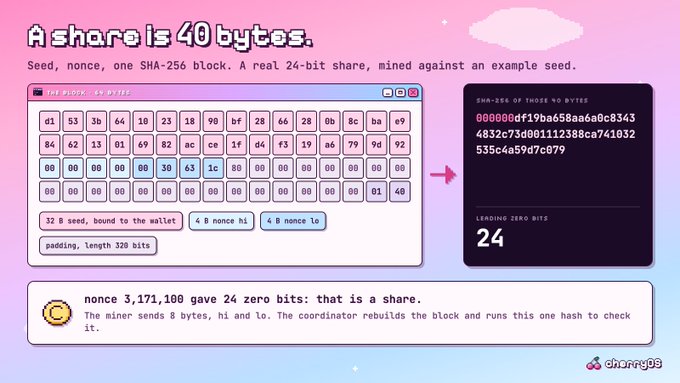 A pastel-colored infographic titled "A share is 40 bytes," explaining Chia cryptocurrency mining with a SHA-256 block diagram and the message "nonce 3,171,100 gave 24 zero bits: that is a share."
