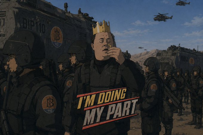 This image seems to be a social commentary combining elements of leadership (indicated by the crown marking the central figure) with the concept of support or affirmation, as seen in the "I'm doing my part" quote. The reference to BIP-110 and Bitcoin in the social media post indicates that the figure represents an individual taking personal responsibility or action in relation to the Bitcoin Improvement Proposal number 110, which in this context is presumably a decision or proposal crucial to the well-being or future of the Bitcoin network.